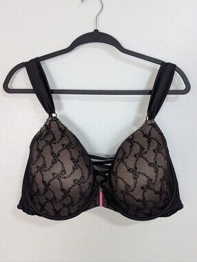 Torrid x Betsey Johnson Black Lace Bow Print Ribbon Strap Push-Up Bra 40DDD